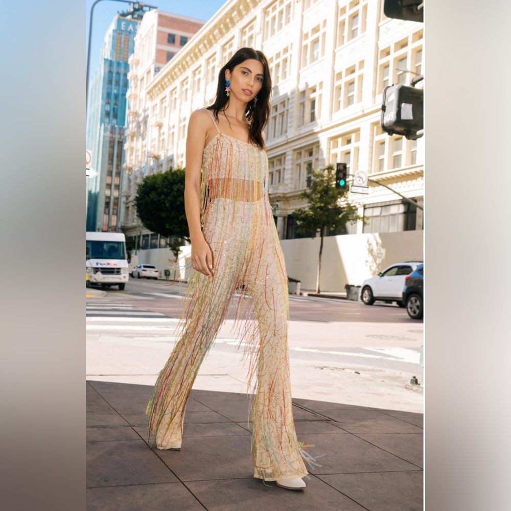 NWT Nasty Gal Sequin Tassel Beaded Crop Top and Wide Leg Pants Set